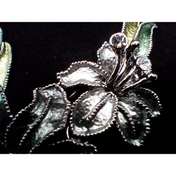 Floral & Butterfly Statement Necklace Rhinestone Accents Green Silver-Tone Metal - Picture 6 of 16